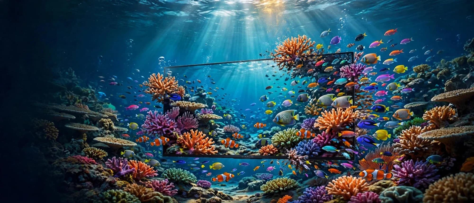 A Stanlee frameless panel standing on a coral reef, the fish and coral on screen continuing seamlessly into the water behind it